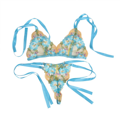 Blue Floral Embroidery Lace Transparent Lingerie Bra Panty Set