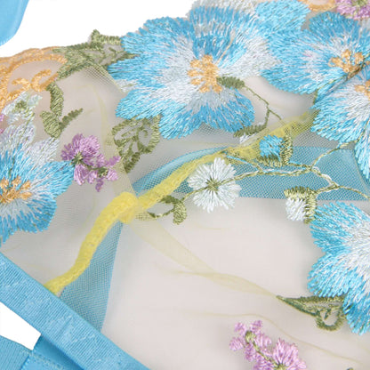 Blue Floral Embroidery Lace Transparent Lingerie Bra Panty Set