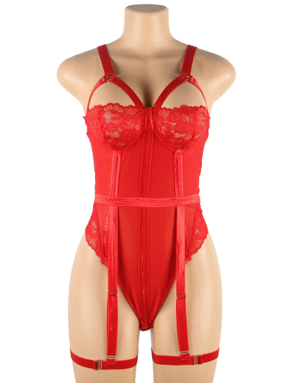 Red Lace Bodysuit with Garter and Ring Accents