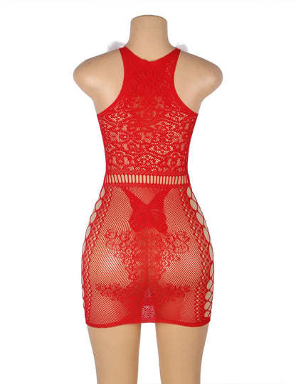 Sexy Transparent Red Fluffy Christmas Bodystocking Lingerie