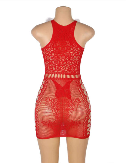 Red Sheer Fluffy Christmas Bodystocking
