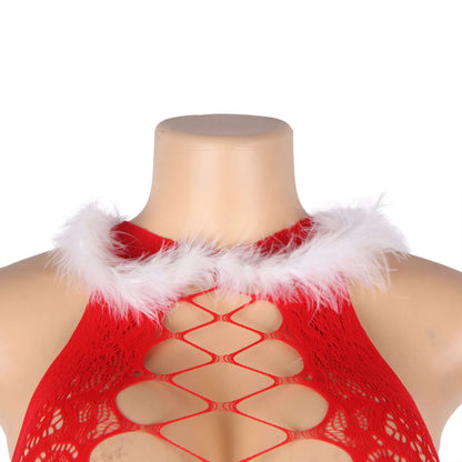 Sexy Transparent Red Fluffy Christmas Bodystocking Lingerie
