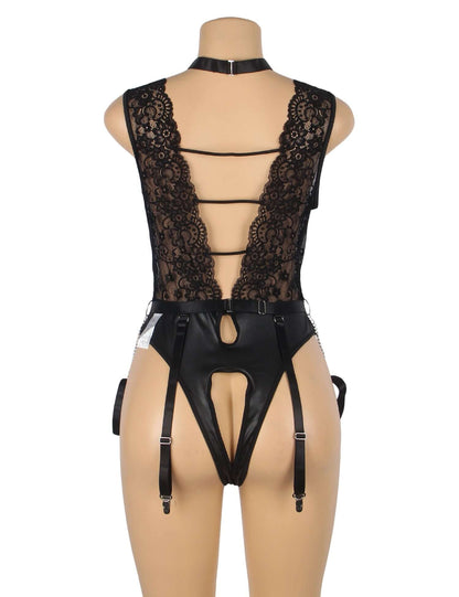 Black Sleeveless Deep Neck Faux Leather Bodysuit