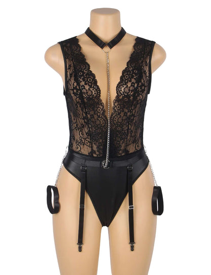 Black Sleeveless Deep Neck Faux Leather Bodysuit