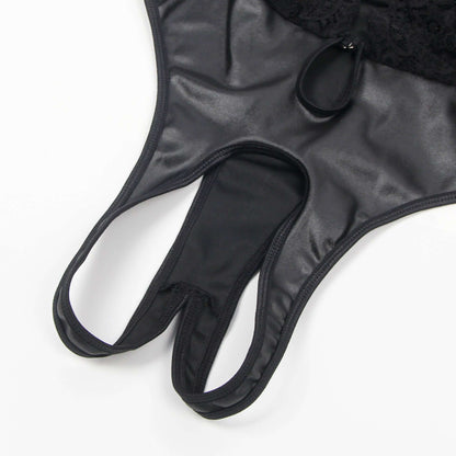 Black Sleeveless Deep Neck Faux Leather Bodysuit