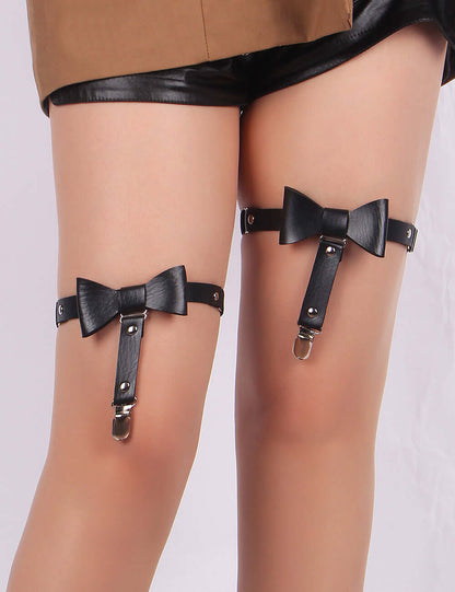 Black Adjustable Leg Garter Straps with Bow Accent