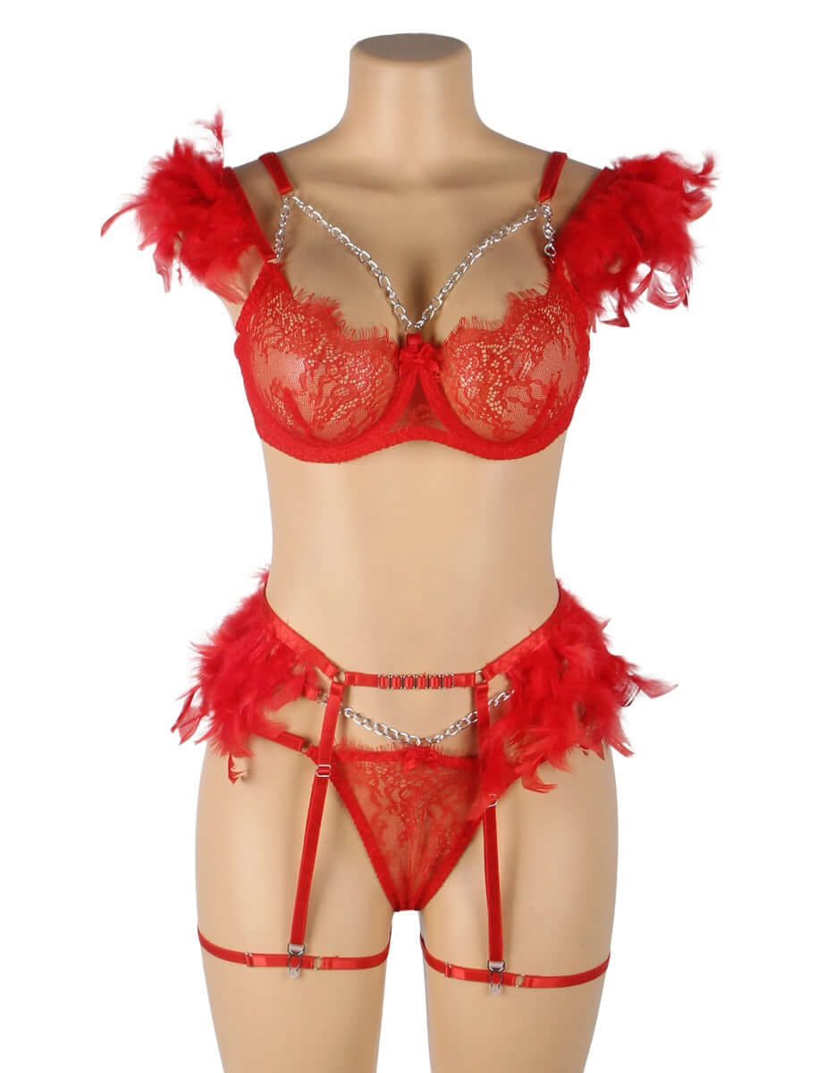 Red Feather Lace Sexy Bra Set