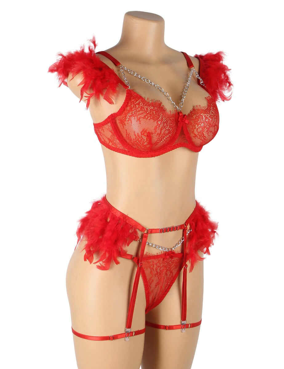 Red Feather Lace Sexy Bra Set