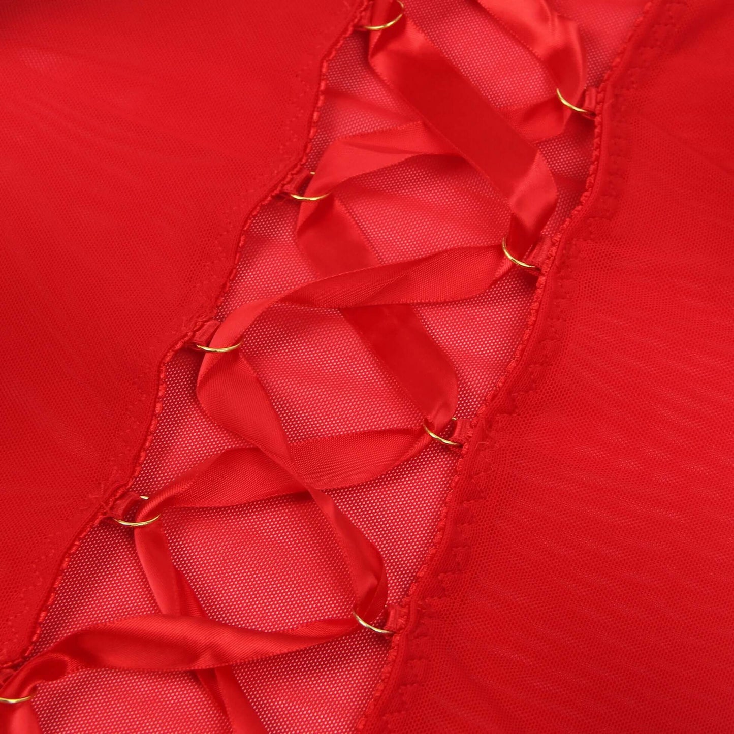 Red Mesh Strappy Lingerie With A Lace-Up Back