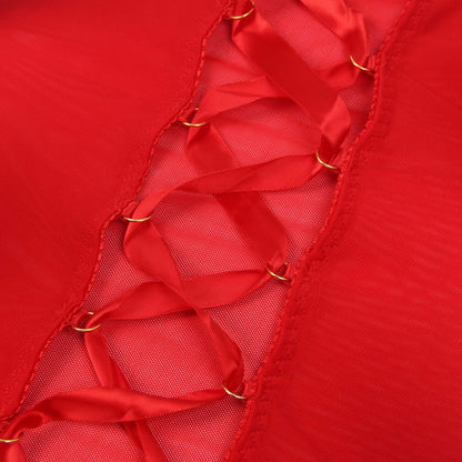 Red Mesh Strappy Lingerie With A Lace-Up Back