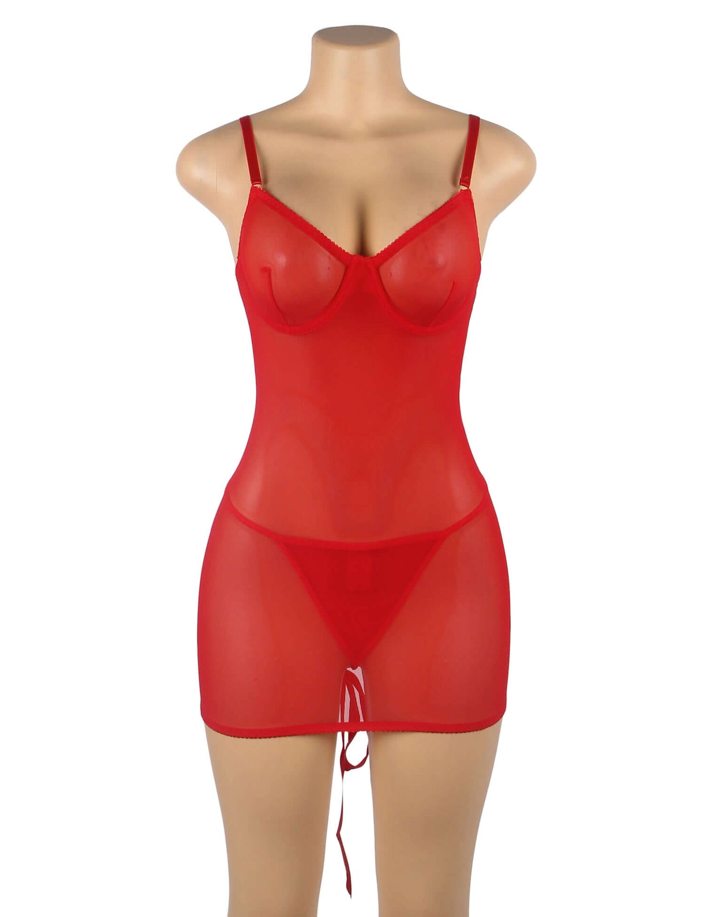 Red Mesh Strappy Lingerie With A Lace-Up Back