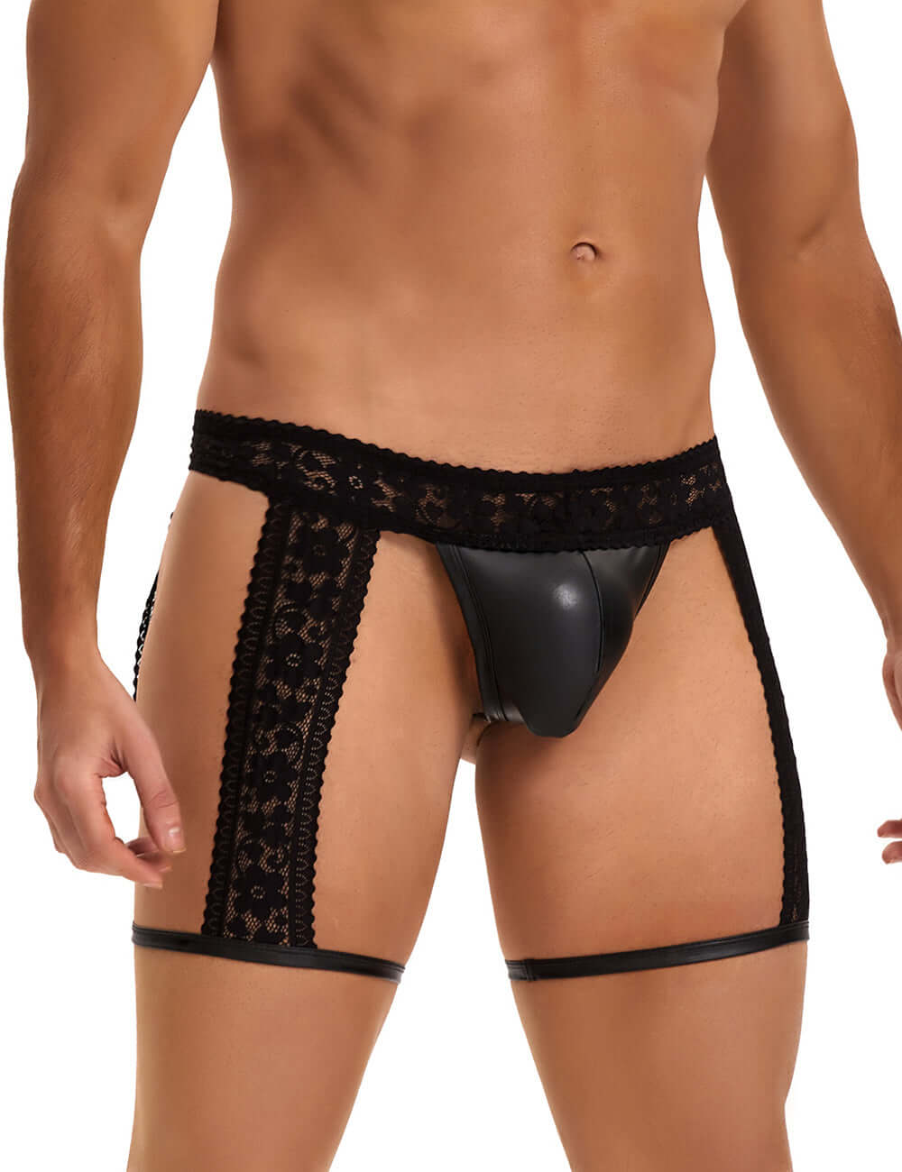 Men’s Black Lace Briefs with Adjustable Leg Strap Design