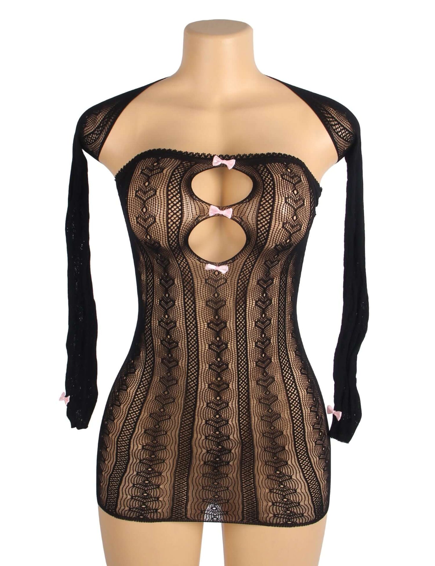 Black Long Sleeves Hollow Out Bow Bodystocking