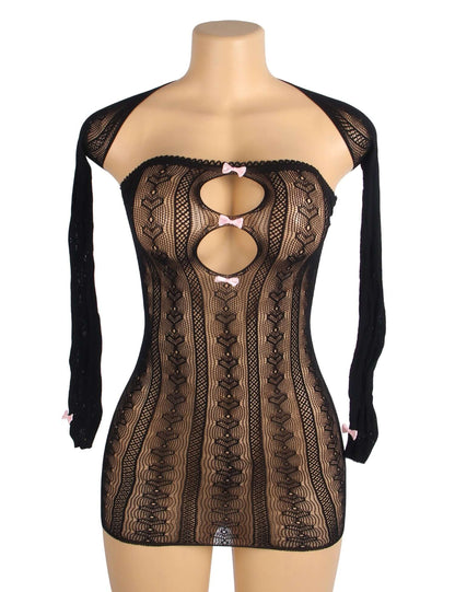 Black Long Sleeves Hollow Out Bow Bodystocking