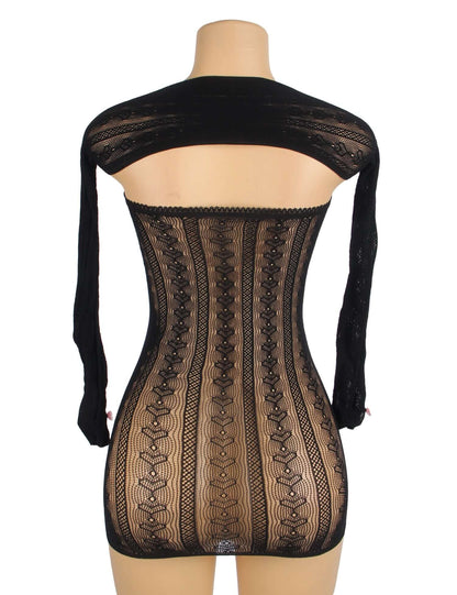Black Long Sleeves Hollow Out Bow Bodystocking