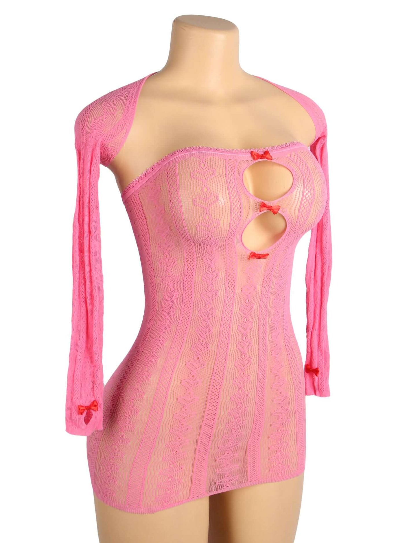 Pink Long Sleeves Hollow Out Bow Bodystocking
