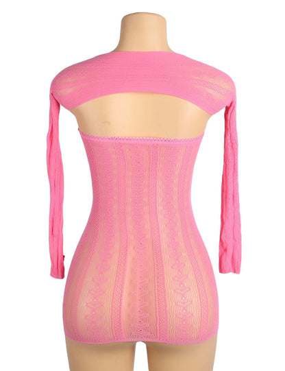 Pink Long Sleeves Hollow Out Bow Bodystocking