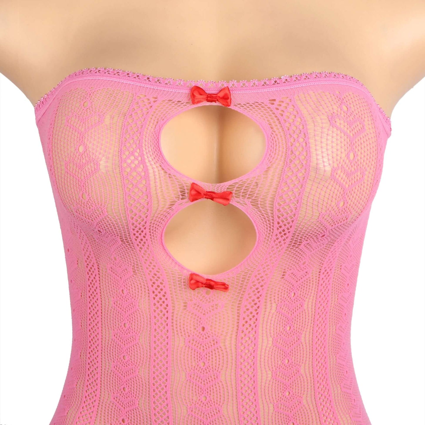 Pink Long Sleeves Hollow Out Bow Bodystocking