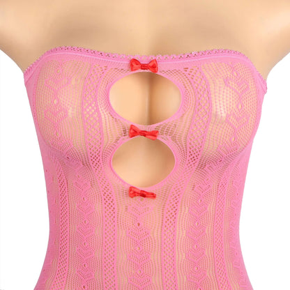 Pink Long Sleeves Hollow Out Bow Bodystocking