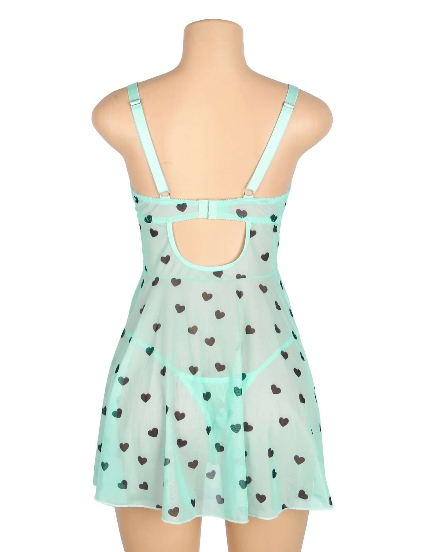 Heart Printed Lace Mesh Push-Up Babydoll Dress