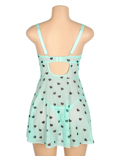 Heart Printed Lace Mesh Push-Up Babydoll Dress