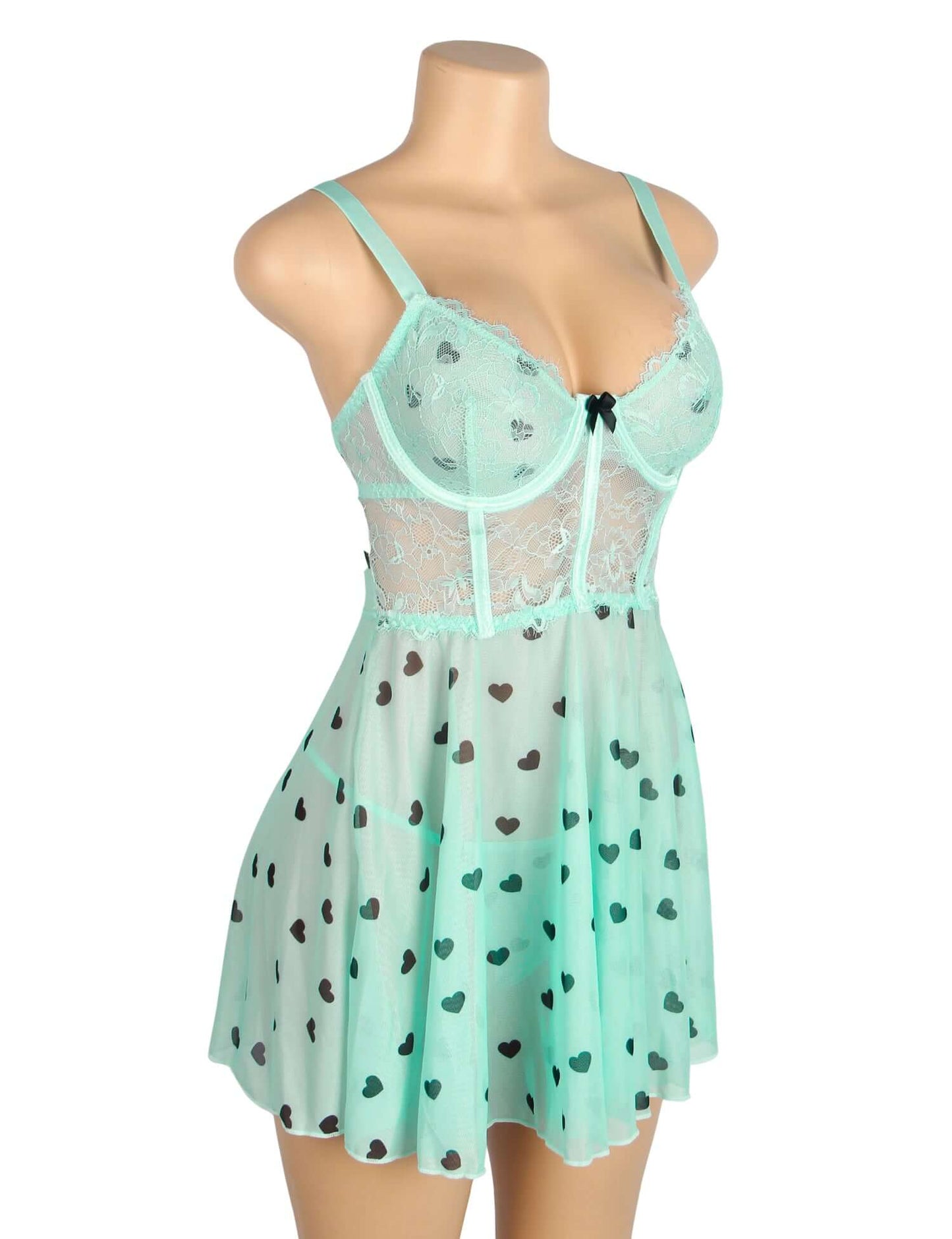 Heart Printed Lace Mesh Push-Up Babydoll Dress