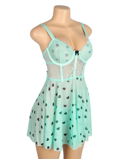 Heart Printed Lace Mesh Push-Up Babydoll Dress