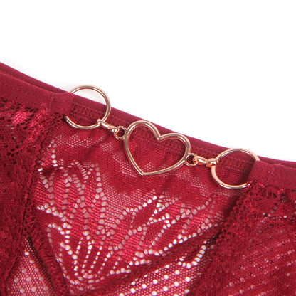 Red Metal Heart Lace Hollow-Out Transparent Panty