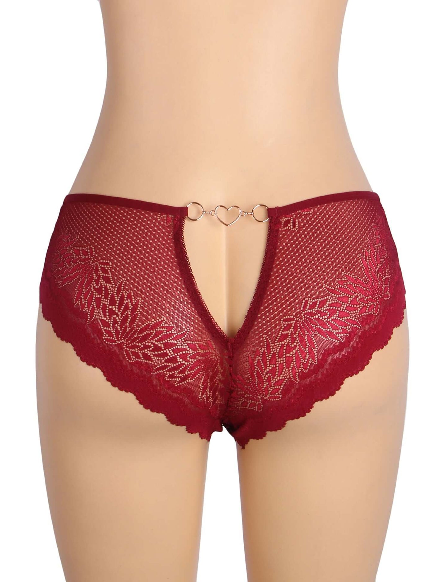 Red Metal Heart Lace Hollow-Out Transparent Panty