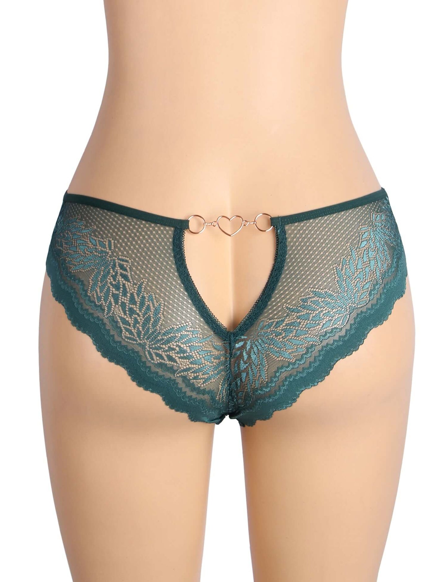 Green Metal Heart Lace Hollow-Out Transparent Panty