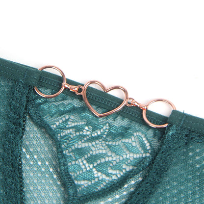 Green Metal Heart Lace Hollow-Out Transparent Panty