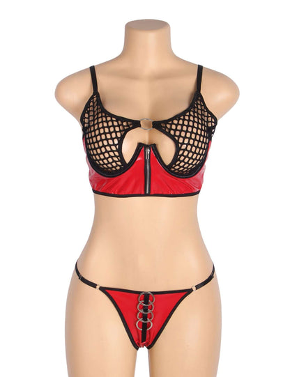 Red Patent Leather Mesh Bra Set