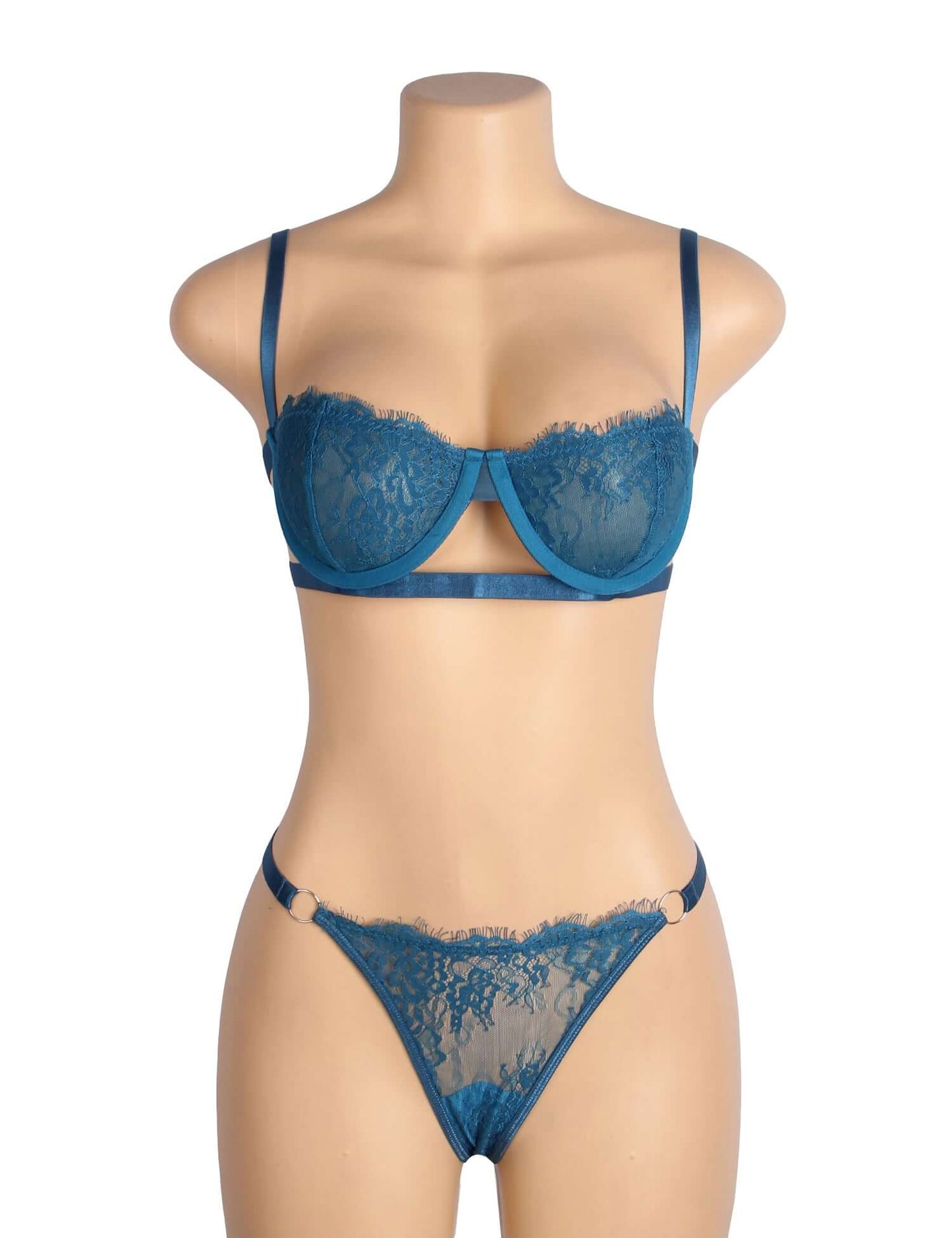 Blue Lace Lingerie Set with Sheer Mesh Detailing