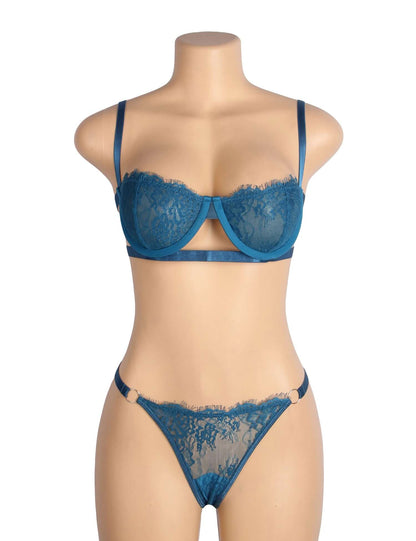 Blue Lace Lingerie Set with Sheer Mesh Detailing