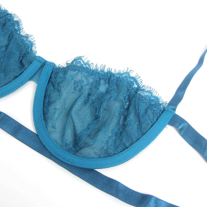 Blue Lace Lingerie Set with Sheer Mesh Detailing