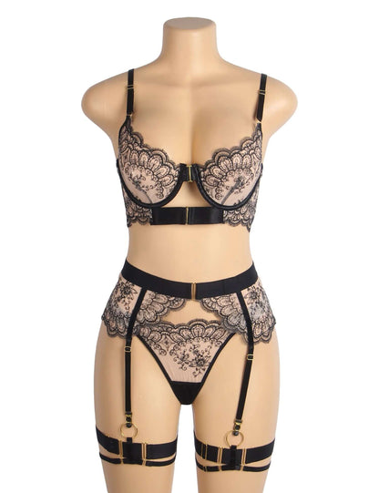 Black Mesh Embroidery Lace Lingerie Set