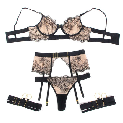 Black Mesh Lingerie Set with Delicate Embroidery