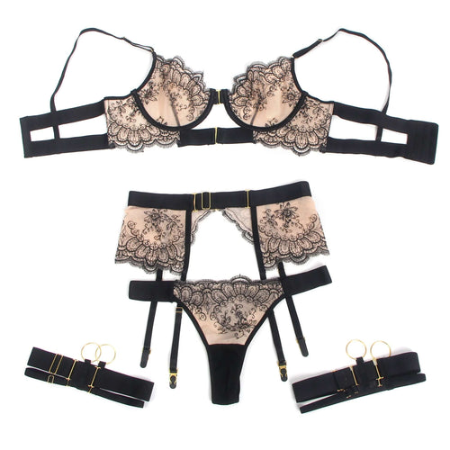 Black Mesh Lingerie Set with Delicate Embroidery