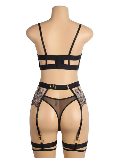 Black Mesh Embroidery Lace Lingerie Set