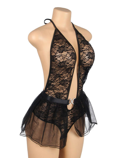 Black Lace Mesh Halter Neck Teddy Lingerie
