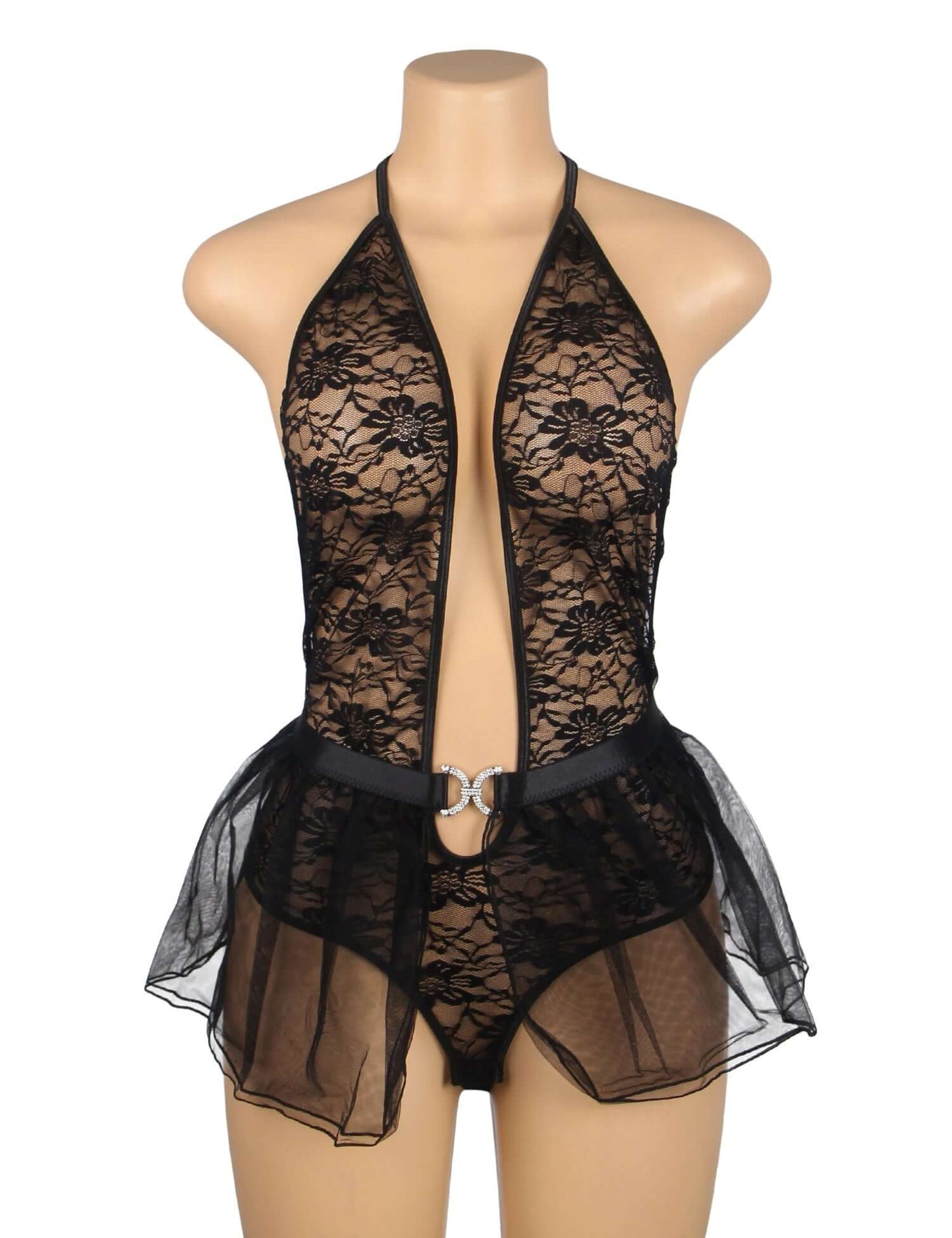 Black Lace Mesh Halter Neck Teddy Lingerie
