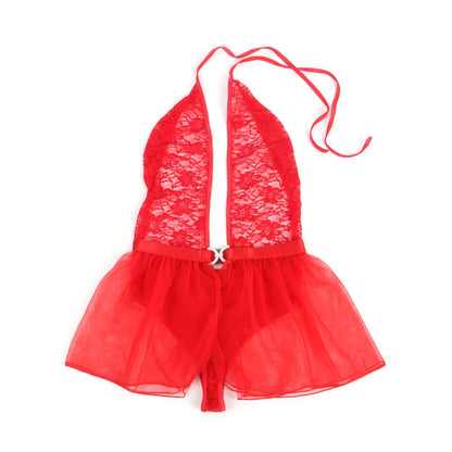 Red Lace Mesh Halter Neck Teddy Lingerie