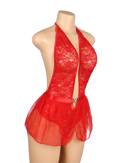 Red Lace Mesh Halter Neck Teddy Lingerie