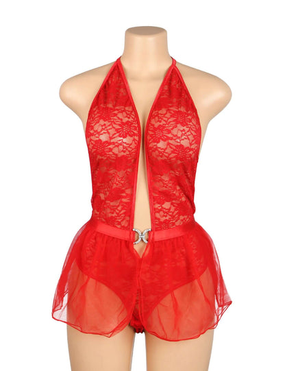 Red Lace Mesh Halter Neck Teddy Lingerie