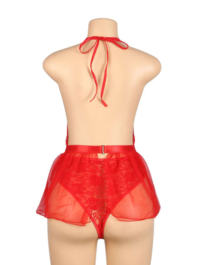 Red Lace Mesh Halter Neck Teddy Lingerie