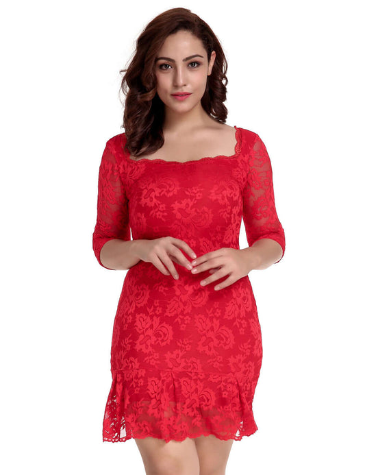 Red Round Neck Lace Bodycon Dress