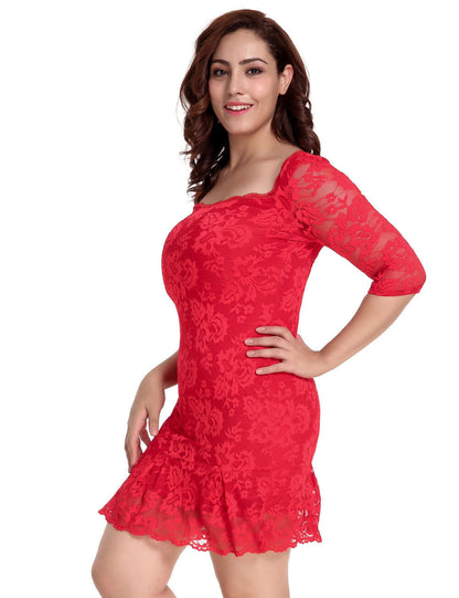 Red Round Neck Lace Bodycon Dress