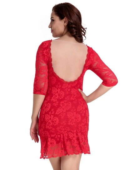 Red Round Neck Lace Bodycon Dress