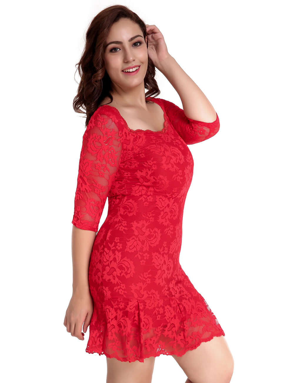 Red Round Neck Lace Bodycon Dress