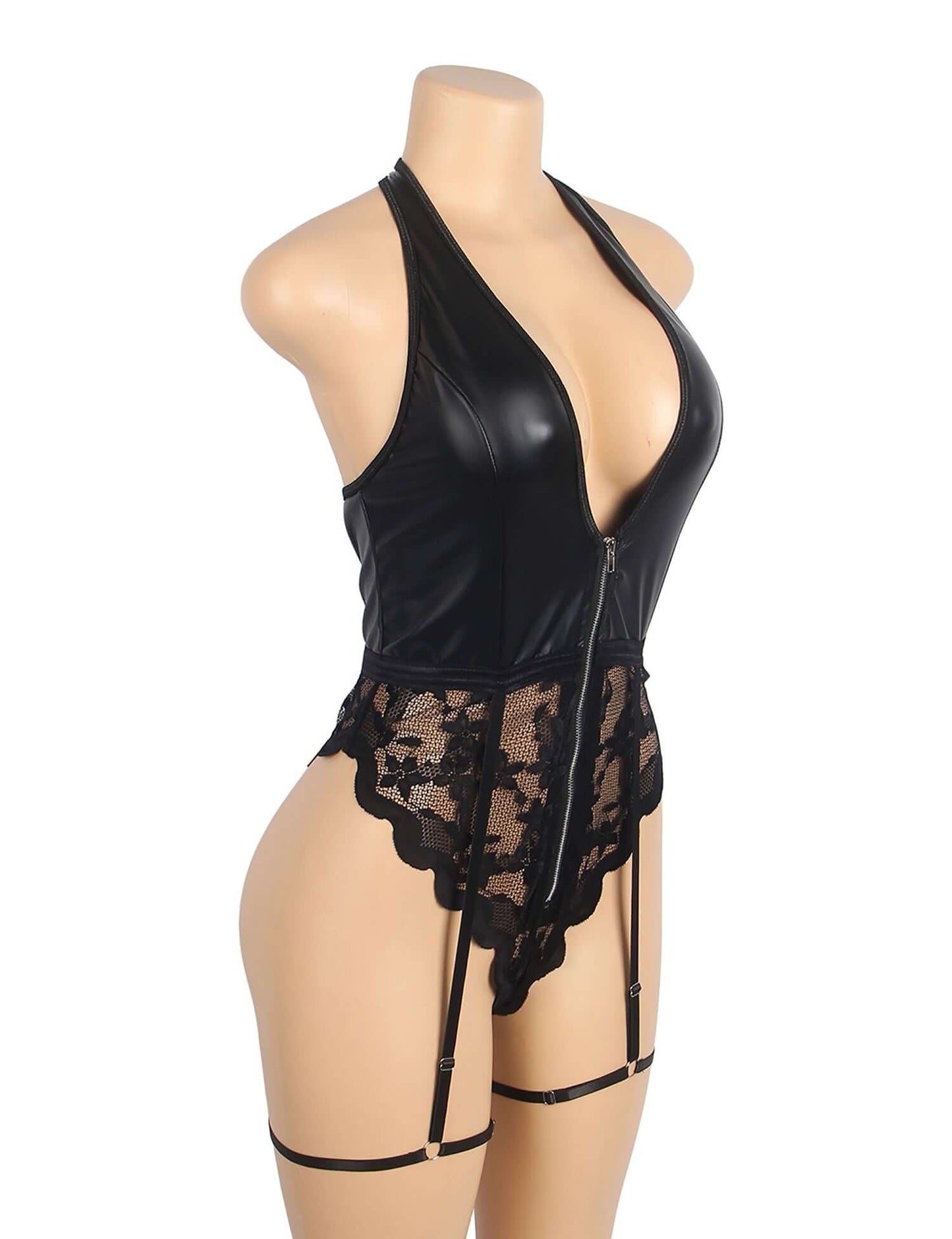 Faux Leather Halter Bodysuit with Lace Detail and Garter Strap